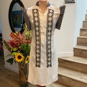 White Embroidered Sheath Filipiniana Dress with Black Accents